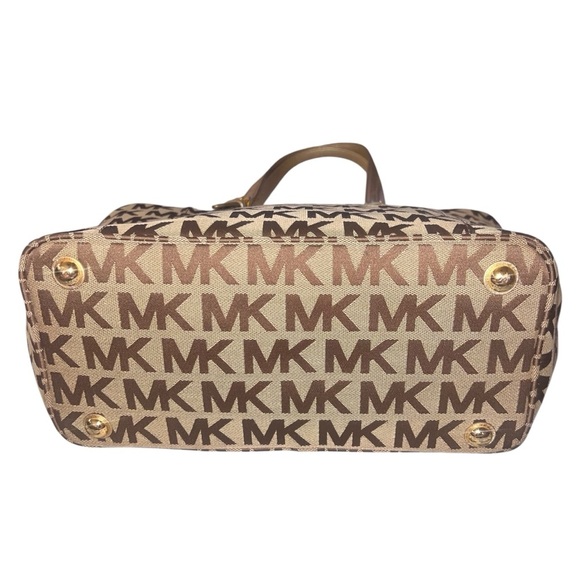 EUC Michael Kors Tan Brown Monogram Canvas Tote Handbag Gold Metallic Leather - Picture 4 of 12